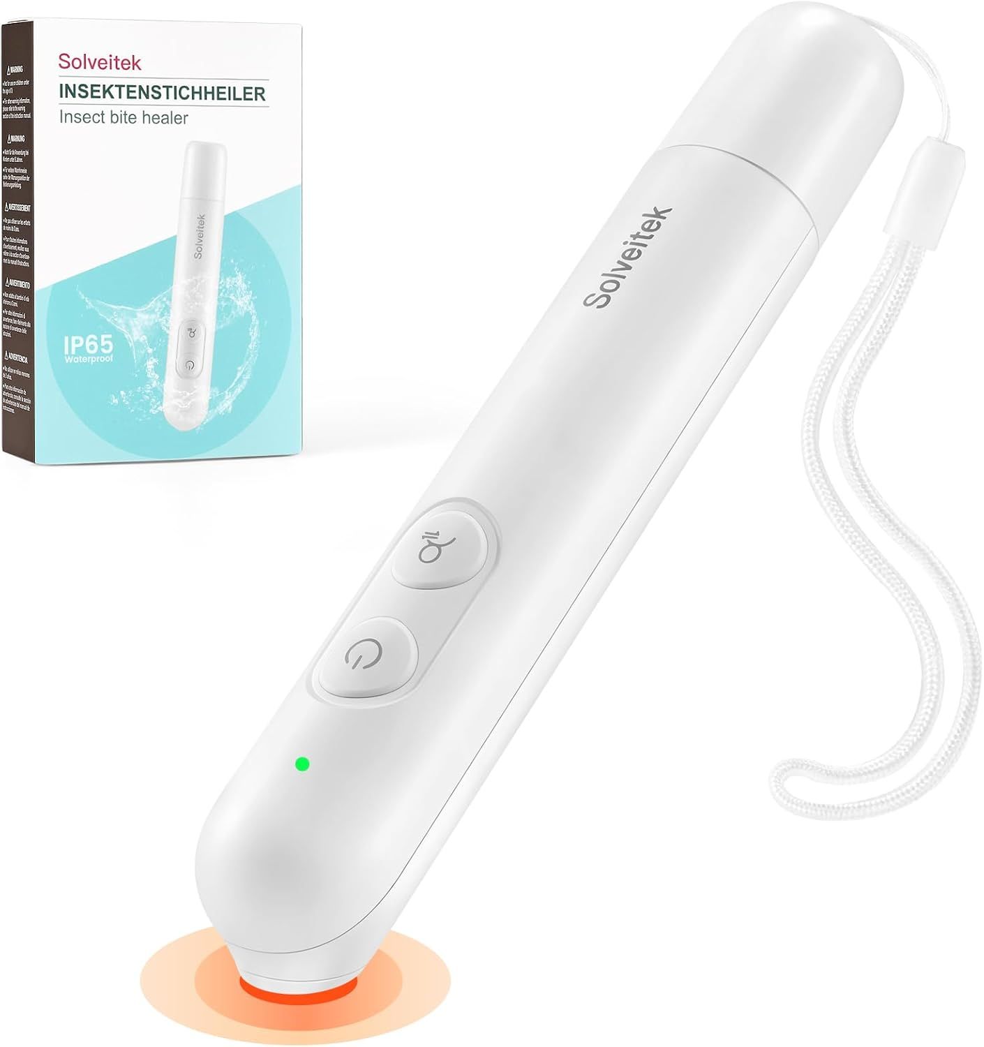Weißer Insektenstichheiler mit Verpackung. Zeigt Knöpfe, LED und eine Heizfläche. Produktname: Solveitek.