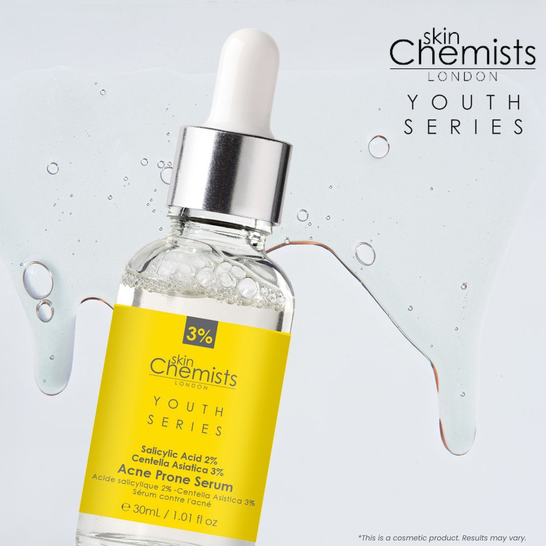 Serumflasche mit Produktinformationen. Gelbes Etikett. Enthält Salicylsäure 2% und Centella Asiatica 3%.