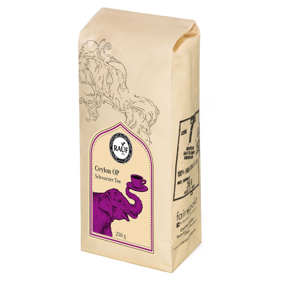 Beutel Rauf Tee Ceylon OP Schwarzer Tee. Illustration Elefant, Tasse. Text: 250 g, Fairtrade-Siegel.
