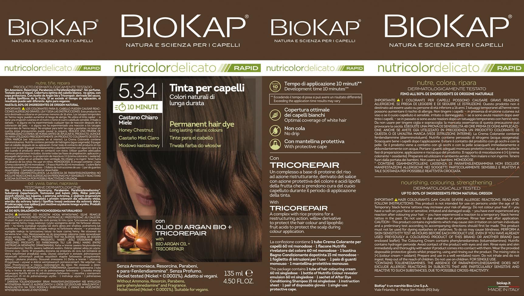 Ausgeklappte Produktverpackung. Text: BIOKAP, nutricolor delicato, 5.34 Honig Kastanienbraun. Produktinformationen und Abbildungen.