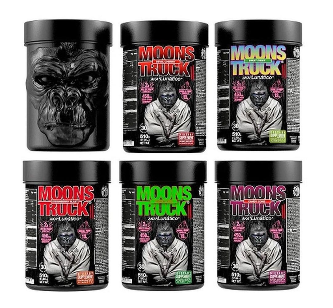Sechs Dosen "MOONSTRUCK II" in verschiedenen Farben. Gorilla-Illustration auf den Dosen. Schwarze Deckel. "Dietary Supplement" Text.