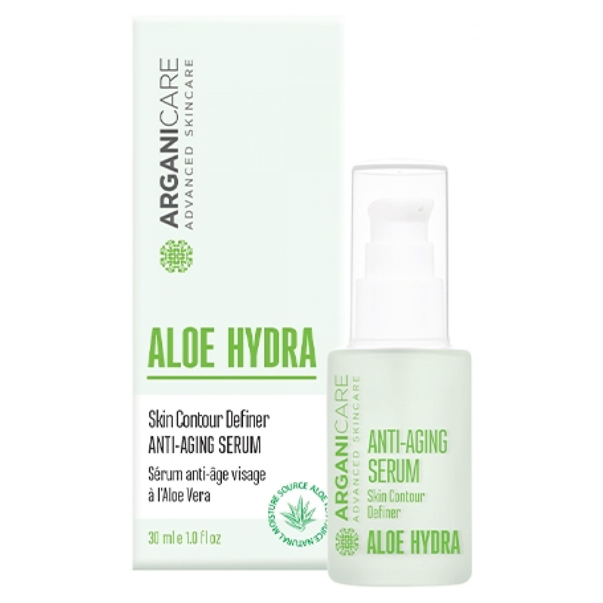 Arganicare Anti-Aging Serum Aloe Hydra in leichter Flasche mit Pumpspender und Kartonverpackung.