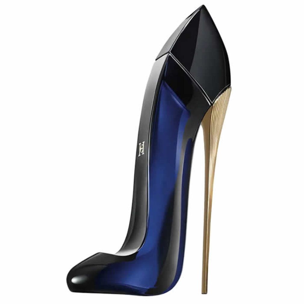 Schuh-Flakon, schwarz und blau. Goldfarbener Absatz. Aufschrift: GOOD GIRL. Flakon in Schuhform.