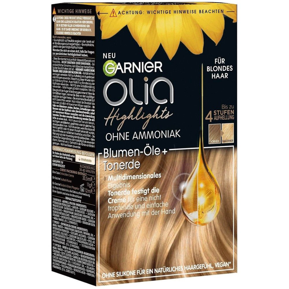 Garnier Olia Highlights Packung. Blondes Haar, ohne Ammoniak. Sonnenblumen-Öle und Tonerden. Aufhellung bis zu 4 Stufen. Text auf der Verpackung.