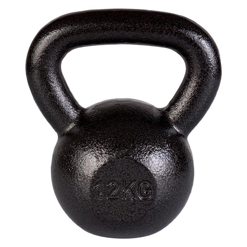 Schwarze Kettlebell mit Henkel. Aufschrift '12KG'.
