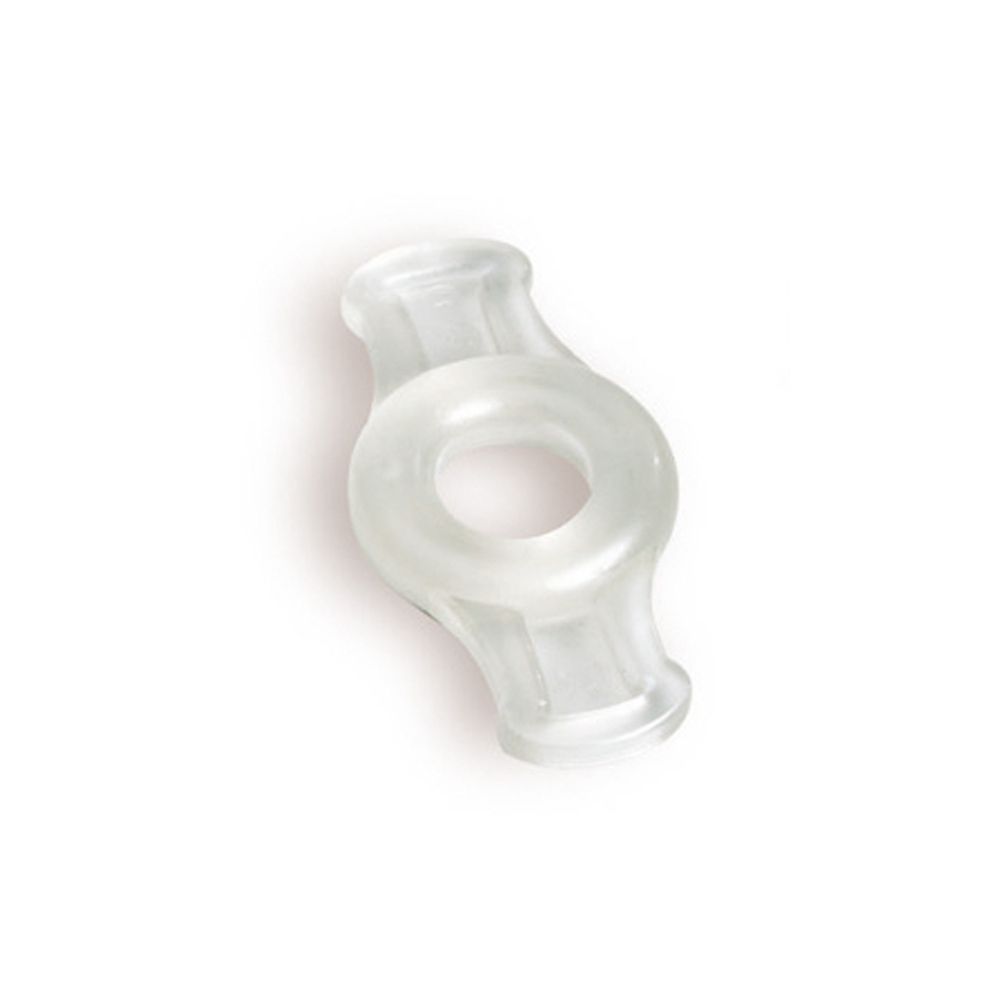Ringförmiges Produkt mit zwei Laschen. Transparentes Material. Auf weißem Hintergrund.