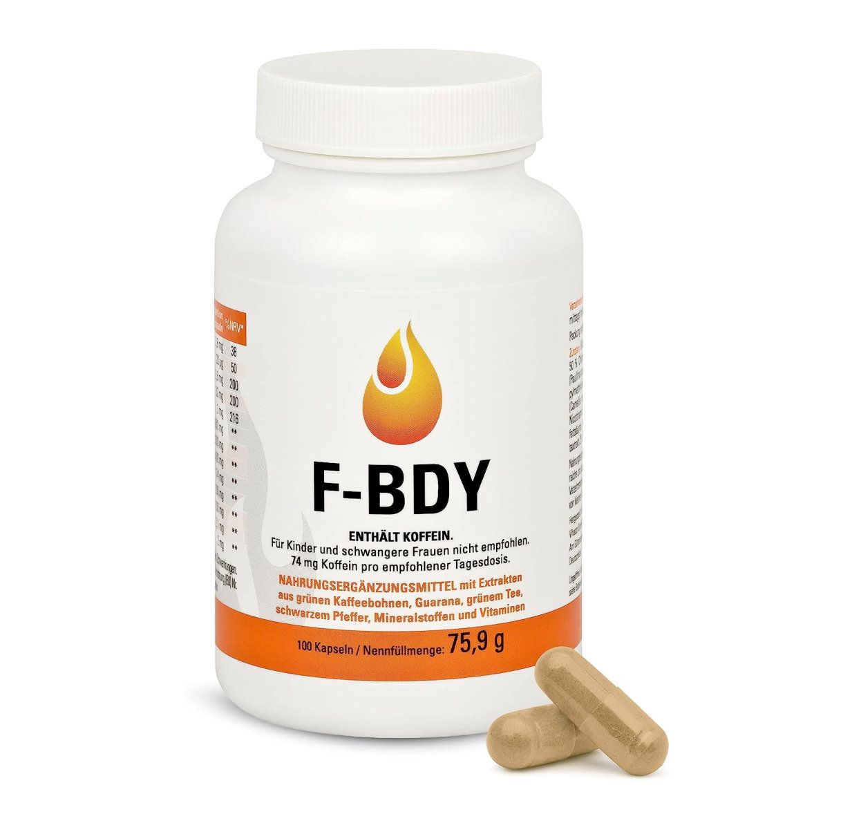 Flacone bianco di capsule Vihado F-BDY. Sul flacone si legge "F-BDY" e "Contiene caffeina". Accanto ci sono due capsule. Il flacone contiene 100 capsule e pesa 75,9 g.