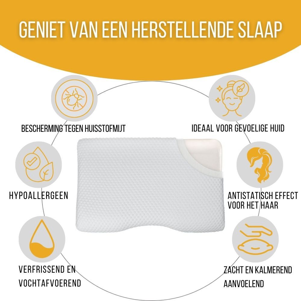 Infographic. Nekkussen. Tekst: Geniet van een herstellende slaap. Hypoallergeen. Anti-mijt. Verfrissend.