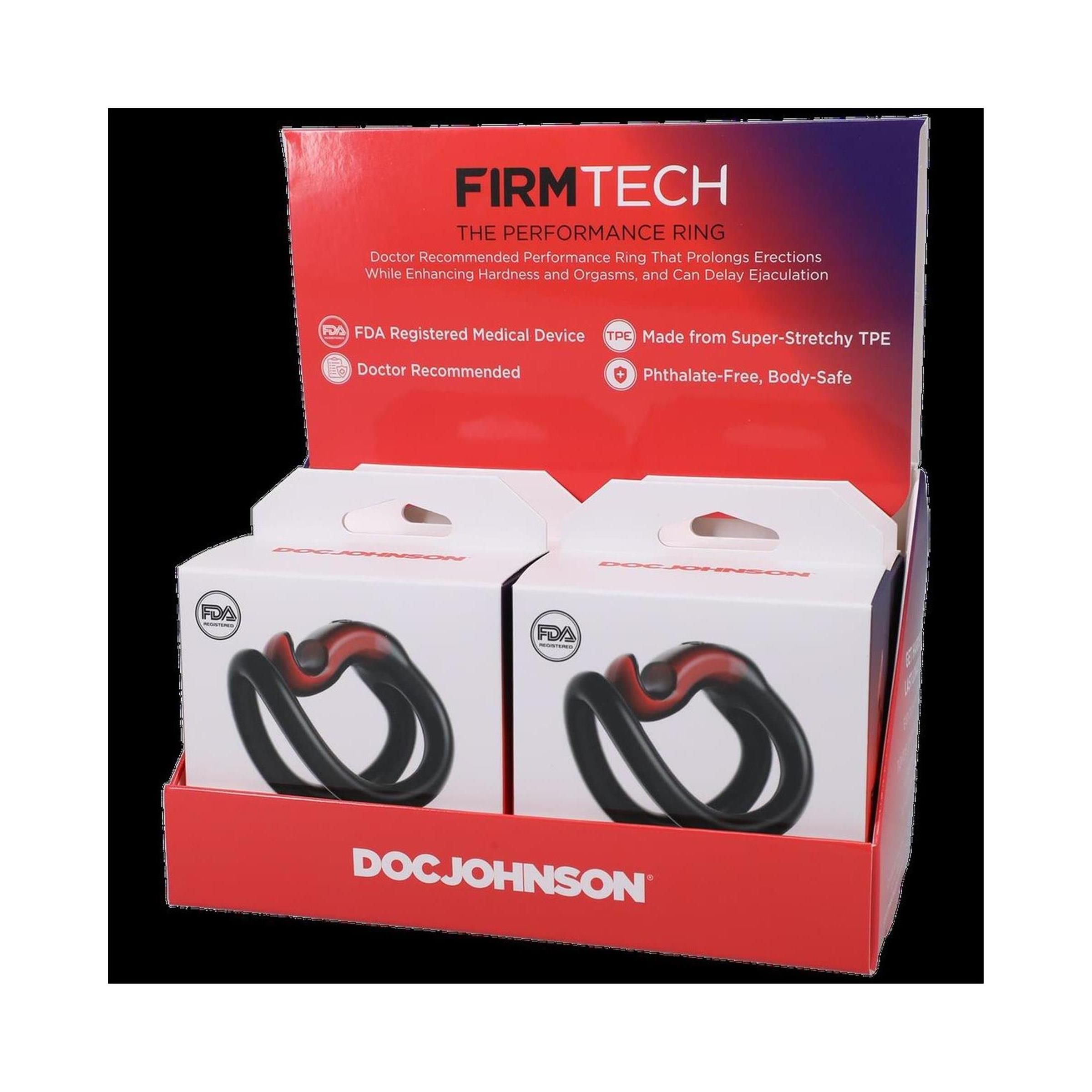 Display mit zwei Performance Ringen in Verpackungen. Text: FIRMTECH, THE PERFORMANCE RING, DOC JOHNSON, FDA-Siegel.