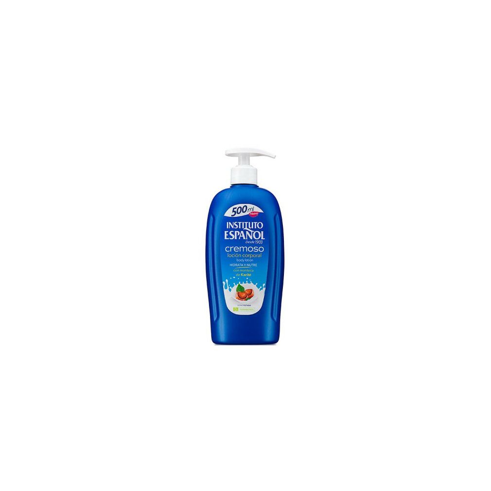 Blaue Lotionflasche mit Aufschrift: INSTITUTO ESPAÑOL, cremoso, loción corporal, 500 ml. Mit Shea Butter.