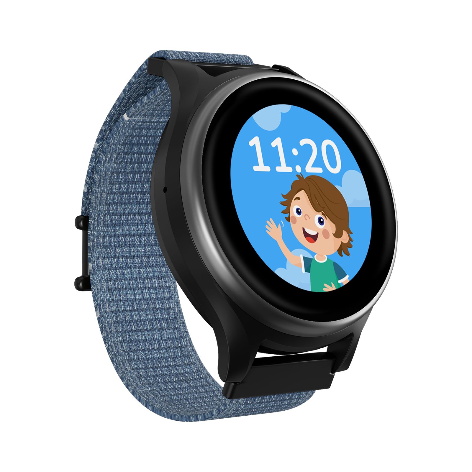 Schwarze Smartwatch mit blauem Armband. Auf dem Display: Uhrzeit 11:20 und ein lächelnder Cartoon-Junge.