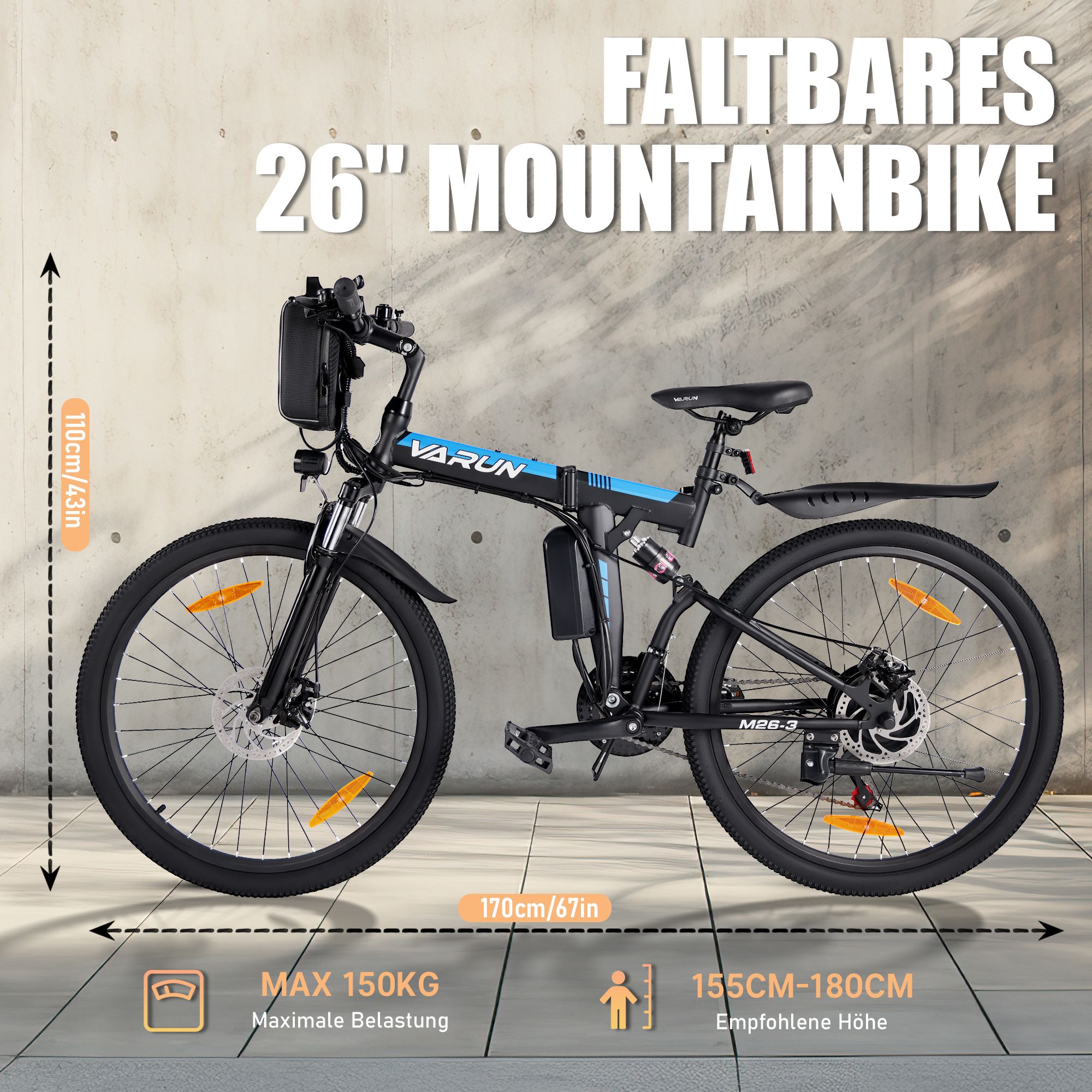 Faltbares 26" Mountainbike. Abmessungen: 170cm/67in, 155-180cm empfohlene Höhe. Max. 150KG Belastung. VARUN-Logo.