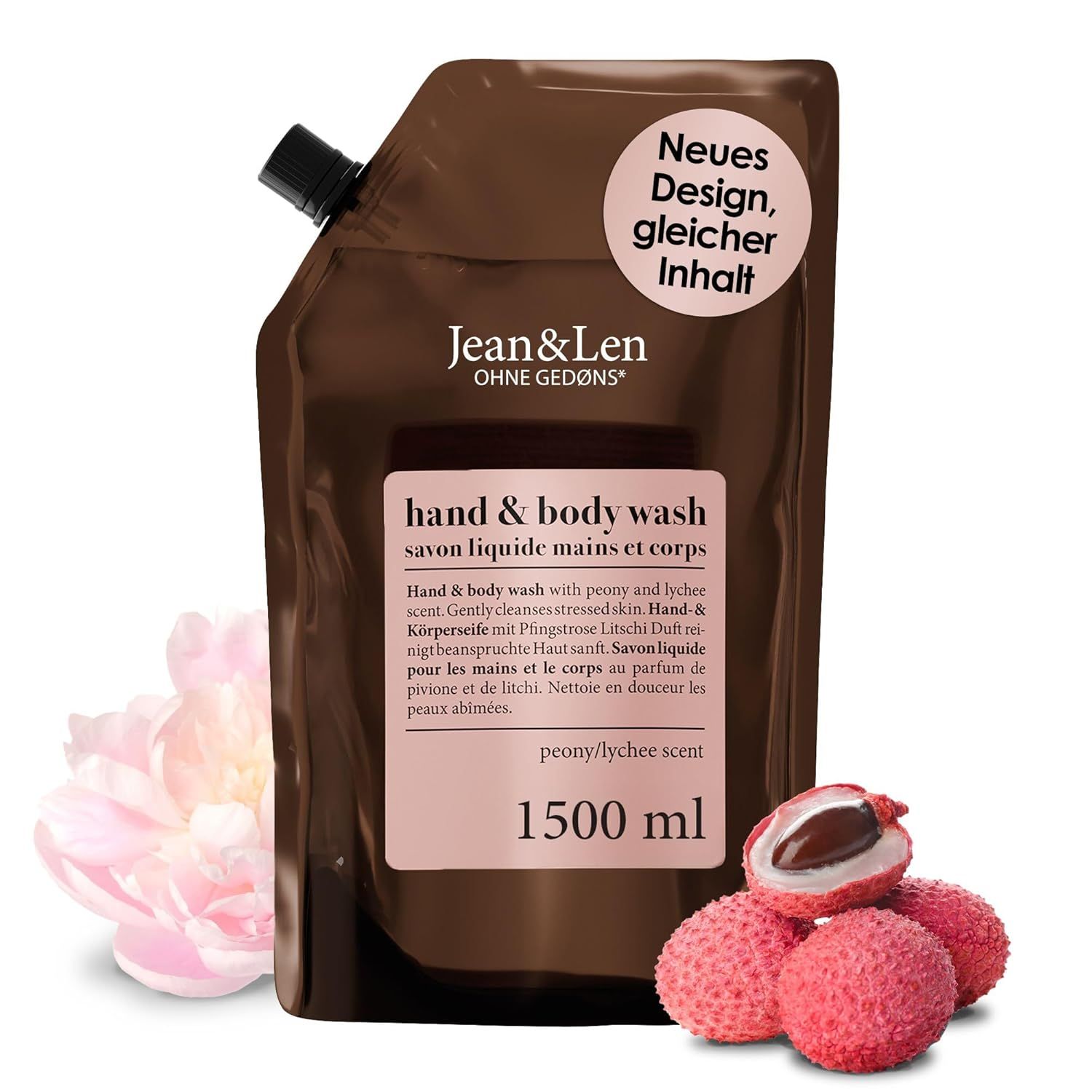 Braune Nachfüllpackung mit Produktinformationen. Aufdruck: Hand & Body Wash, Pfingstrose & Litschi, 1500 ml. Daneben Litschi-Früchte.
