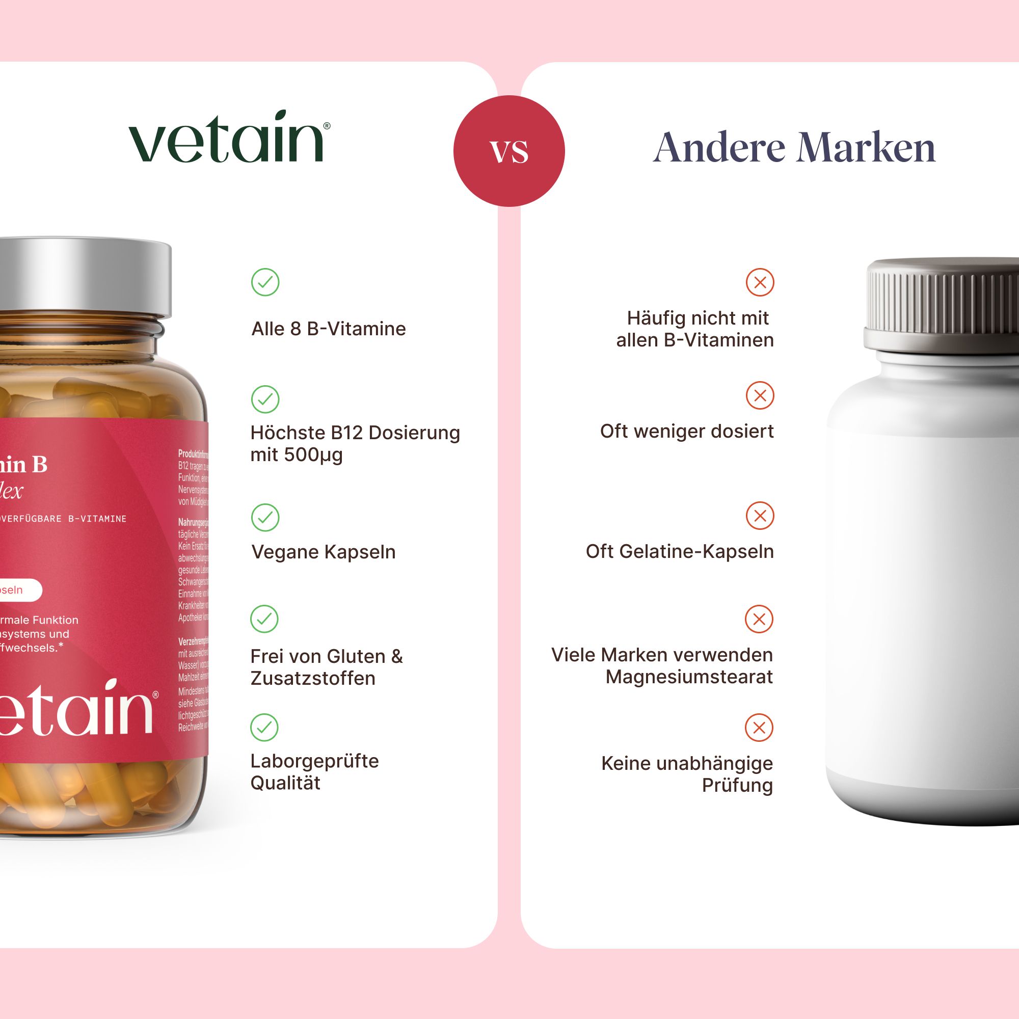 Vetain Vitamin B Komplex vs. andere Marken: 8 B-Vitamine, vegan, hohe Dosis, Labor geprüft.