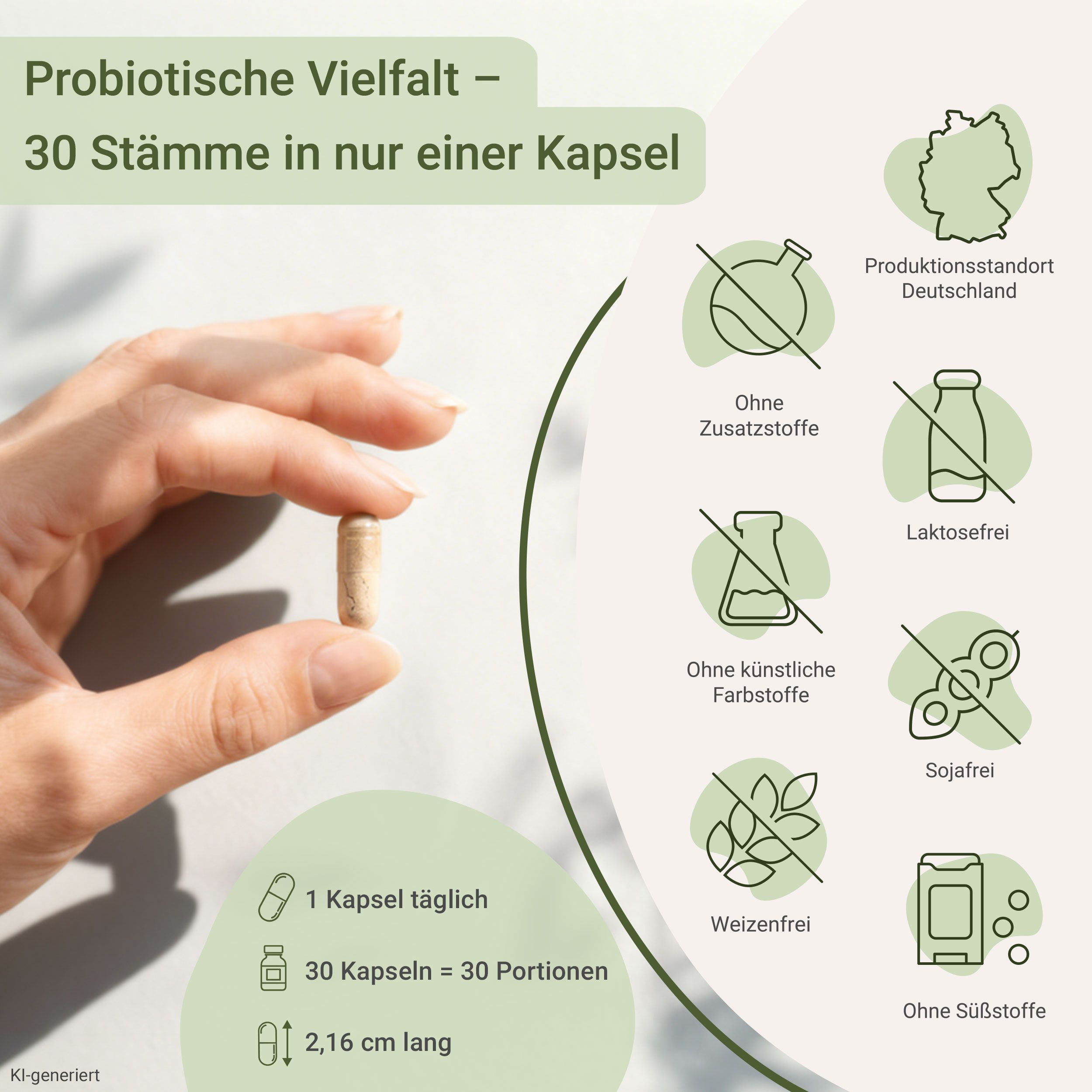 Eine Hand hält eine beigefarbene Kapsel. Daneben: 30 Stämme pro Kapsel, 1 Kapsel täglich, 30 Kapseln = 30 Portionen, 2,16 cm lang. Icons zeigen: Ohne Zusatzstoffe, Laktosefrei, Ohne künstliche Farbstoffe, Sojafrei, Weizenfrei, Produktionsstandort Deutschland, Ohne Süßstoffe.