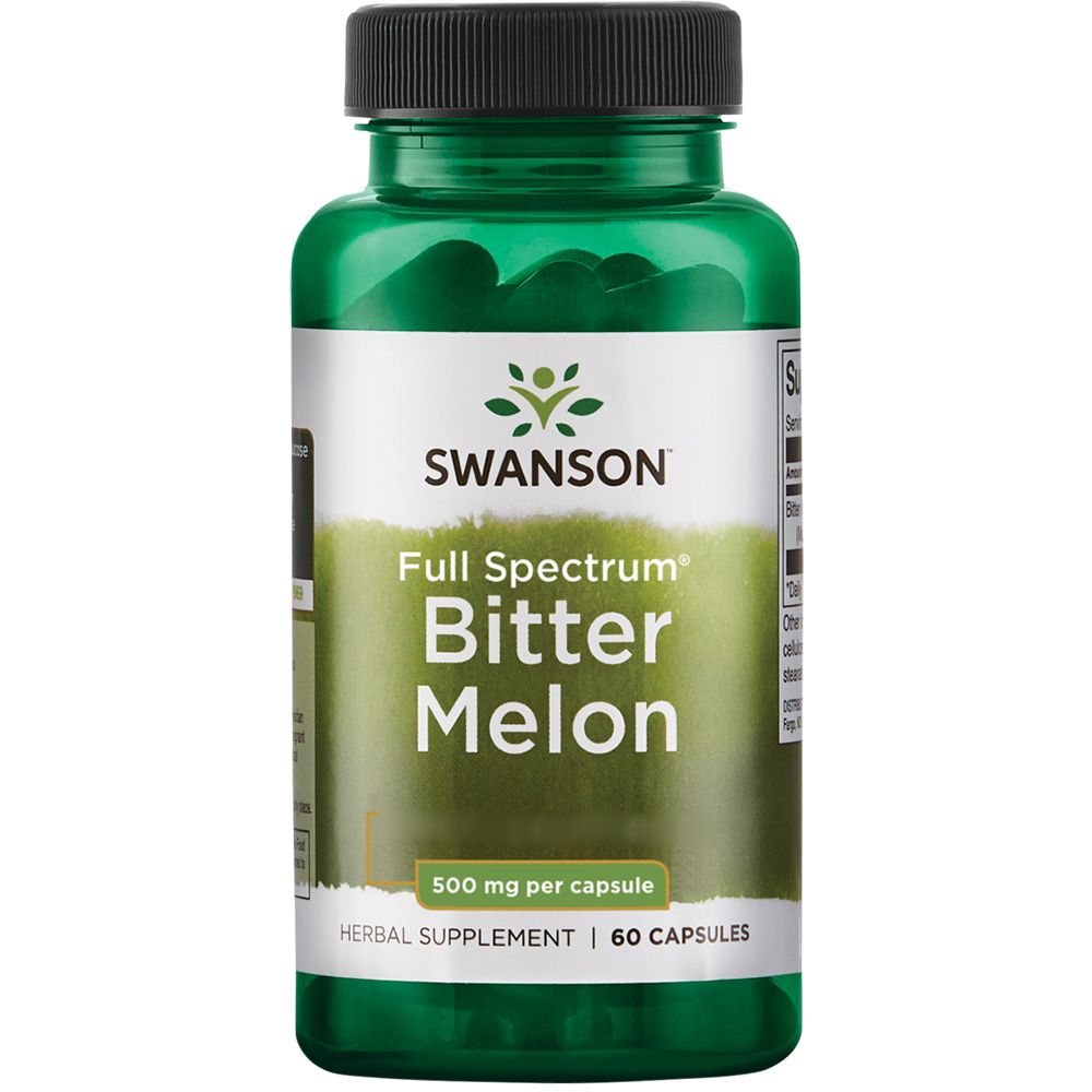 Grüne Flasche mit Swanson Bittermelone Kapseln. Aufschrift: Full Spectrum Bitter Melon, 500 mg pro Kapsel, 60 Kapseln.