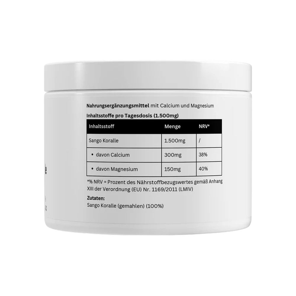 Rückseite des Behälters mit Nährwertangaben für Sango Koralle, Calcium und Magnesium.