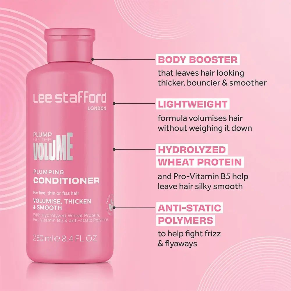 Rosa Flasche LEE STAFFORD LONDON. "Plump Up The Volume" und "Conditioner" Text. Text-Highlights: Body Booster, Lightweight, etc.