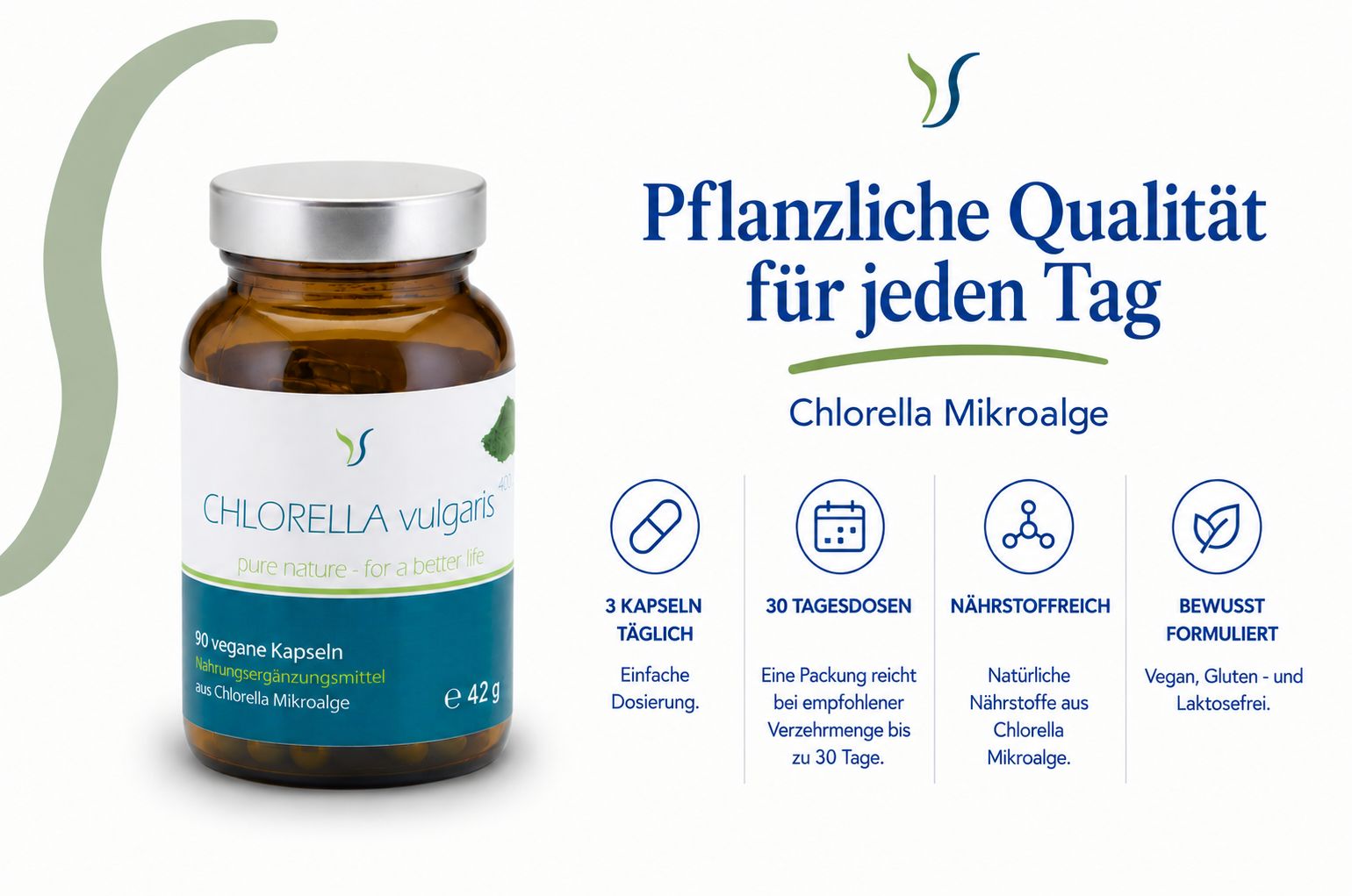 Braune Glasflasche mit silbernem Deckel, Etikett mit "Chlorella vulgaris" und Informationen zu veganen Kapseln.