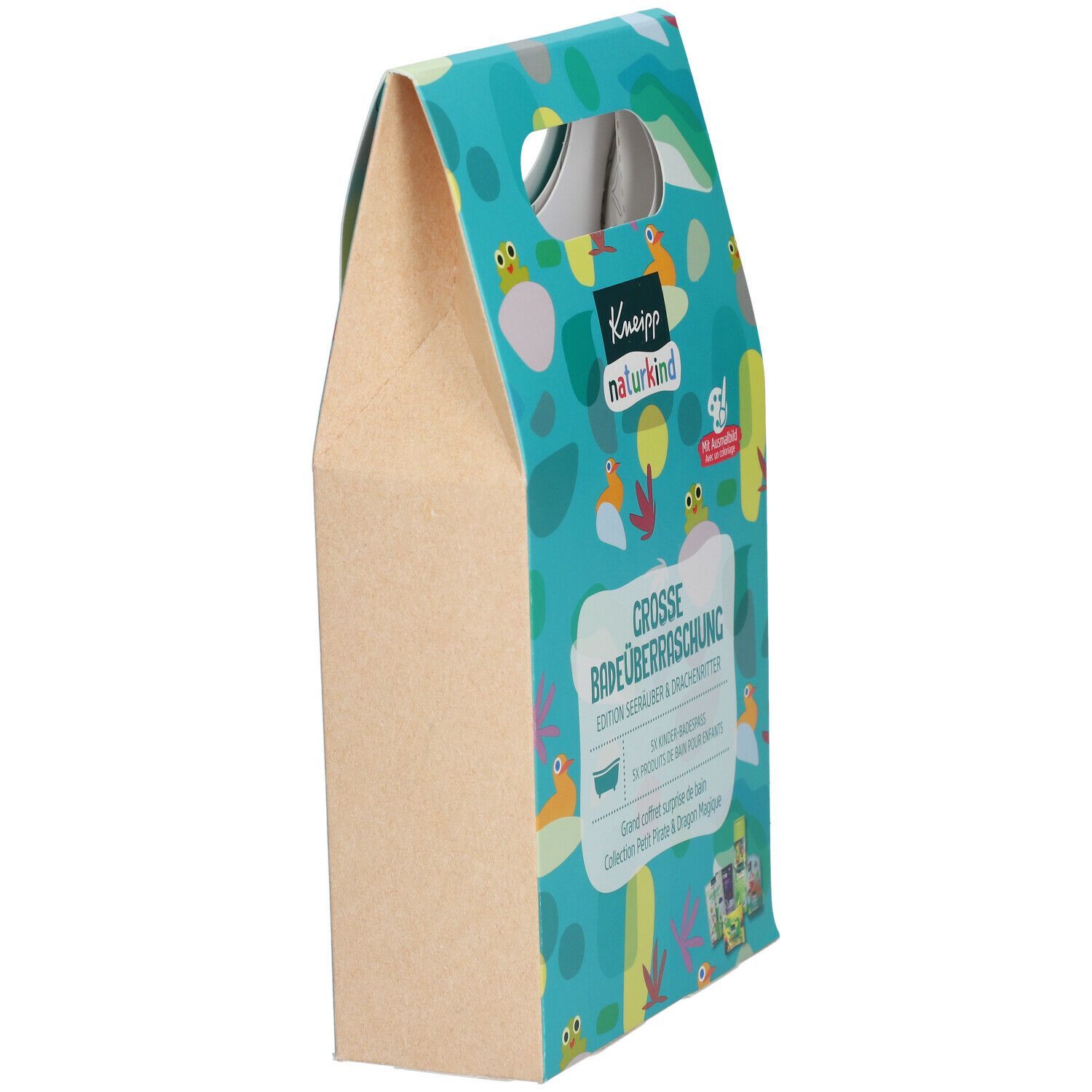 Seitenansicht der Verpackung mit Kneipp naturkind. Aufdruck: Große Badeüberraschung Edition Seeräuber & Drachenritter. Mit Griffloch.