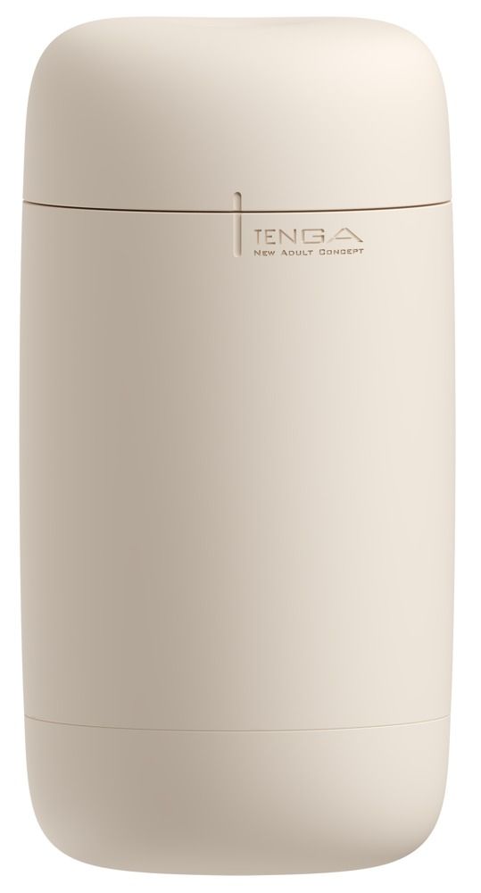Beige zylindrisches Produkt mit abgerundeten Enden. Oben steht "TENGA NEW ADULT CONCEPT".
