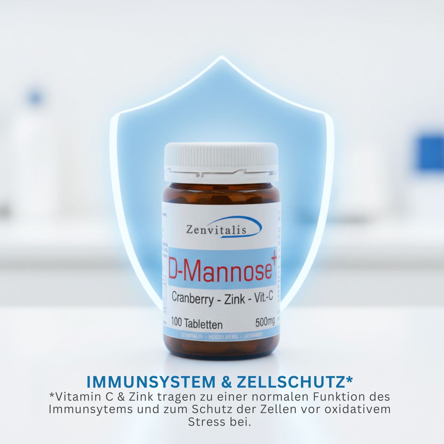 Tablettenflasche vor blauem Schild. Text: Immunsystem & Zellschutz. Vitamin C & Zink tragen zu normaler Funktion des Immunsystems bei.