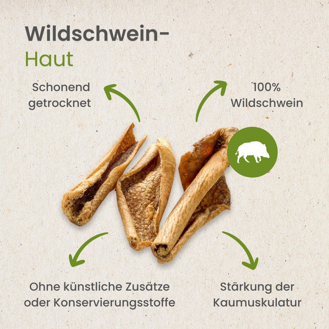 100% Schweinehaut, schonend getrocknet, ohne Zusätze. Stärkt die Kaumuskulatur.