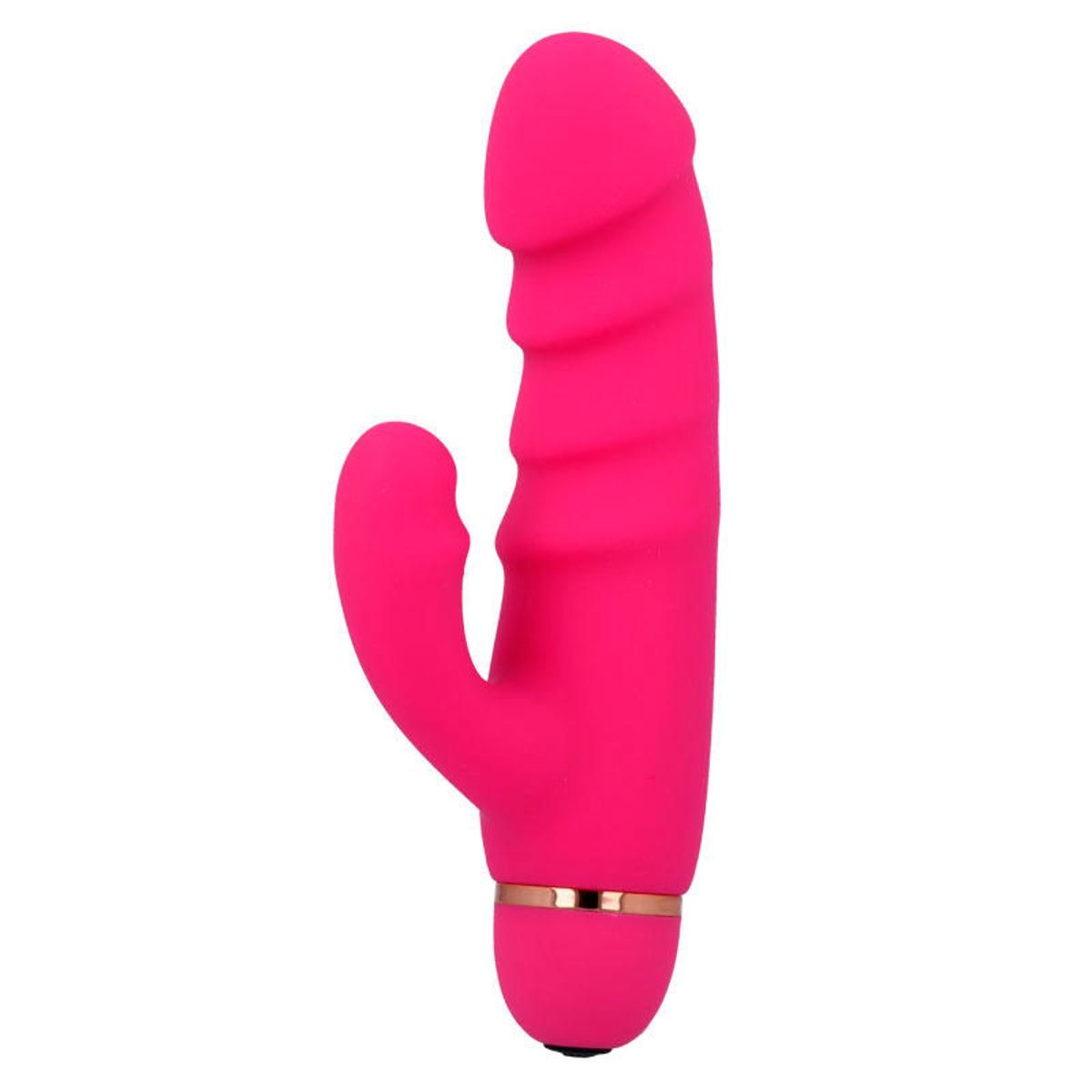 Pinkfarbener Vibrator mit geriffelter Oberfläche und gebogenem Teil. Goldfarbener Ring am unteren Ende.