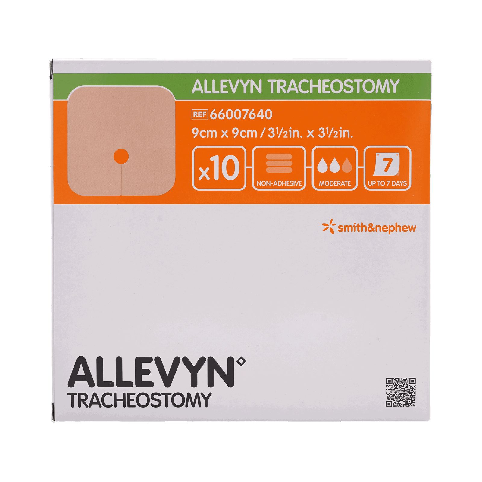 ALLEVYN Tracheostomie Schaumverband steril. Quadratische Verpackung mit Produktabbildung. Enthält 10 Verbände. Größe: 9x9cm. Marke: Smith & Nephew.