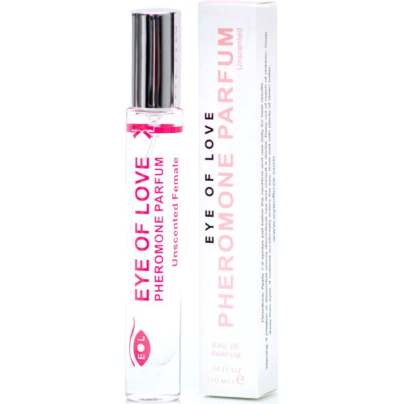 Parfumflakon und Verpackung. Aufschrift: EYE OF LOVE PHEROMONE PARFUM Unscented. Flakon mit Sprühkopf.