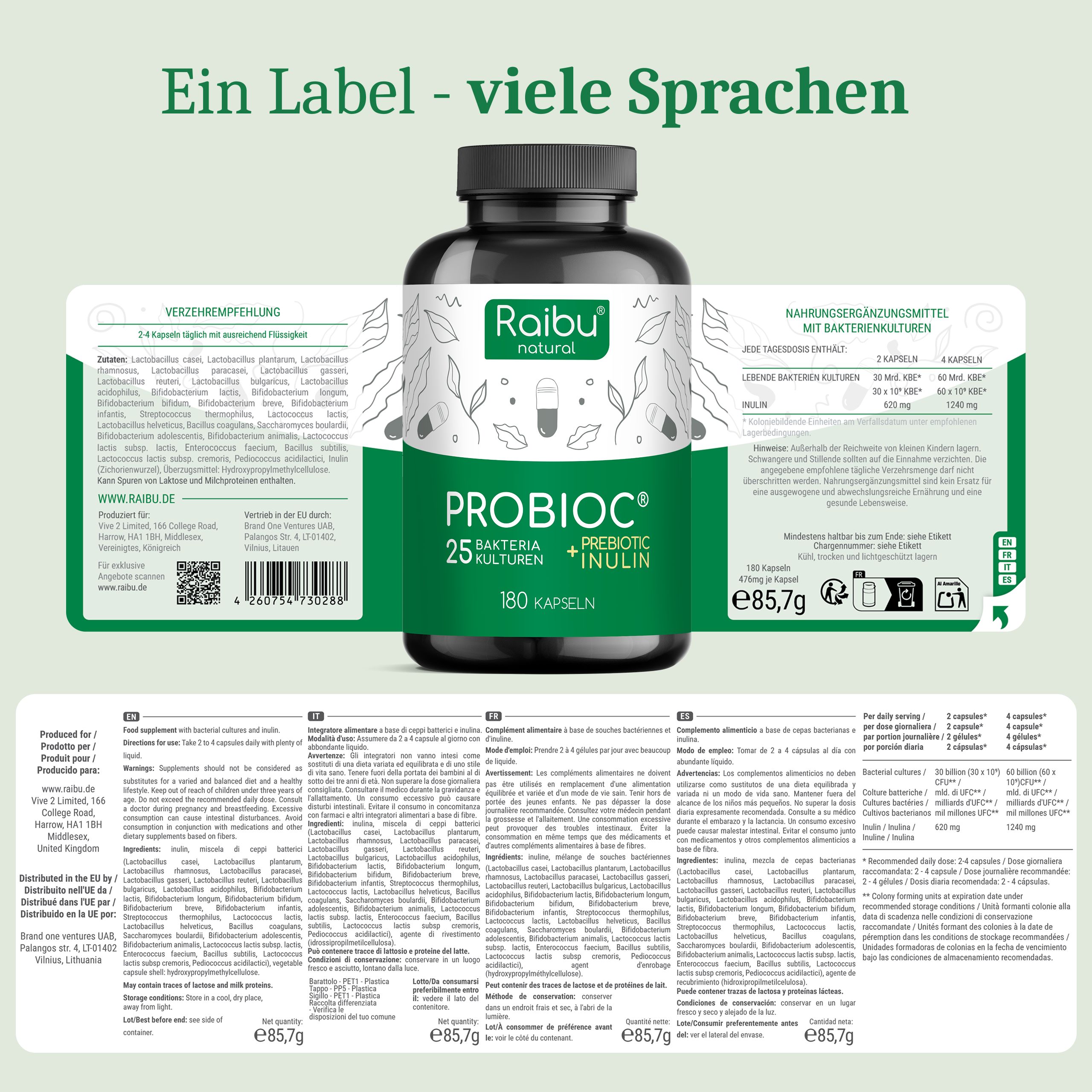 Produktflasche mit Etikett in verschiedenen Sprachen. Text: PROBIOC, 25 Bakterienkulturen + Inulin, 180 Kapseln.