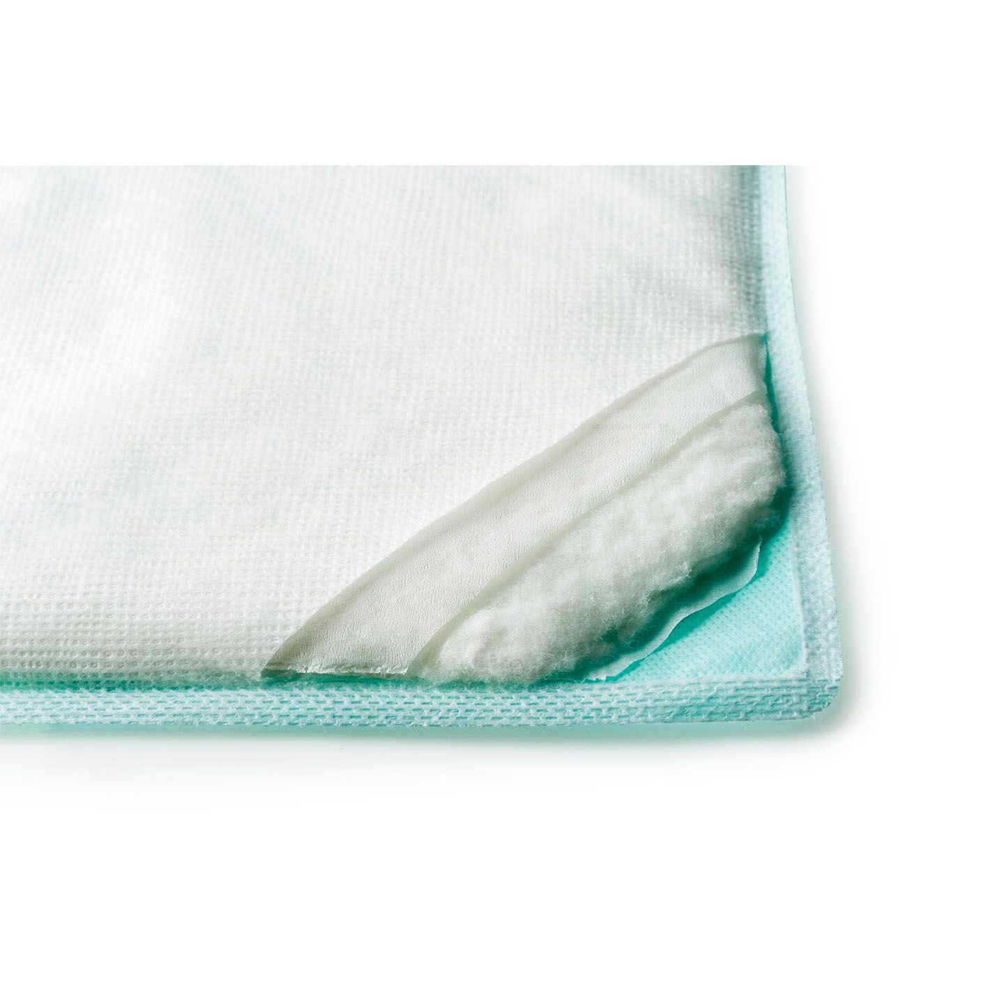 Wundauflage mit weißer, textiler Oberfläche und blauem Rand. Ein Eckbereich ist aufgefaltet, um das Innere zu zeigen.
