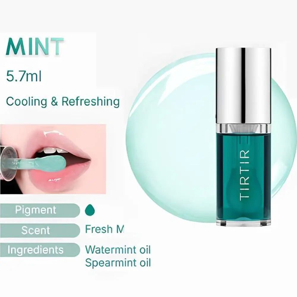Lip Oil mit grüner Flüssigkeit und silbernem Deckel. Text: MINT, 5.7ml, Cooling & Refreshing. Inhaltsstoffe: Wasserminze, Spearmintöl.