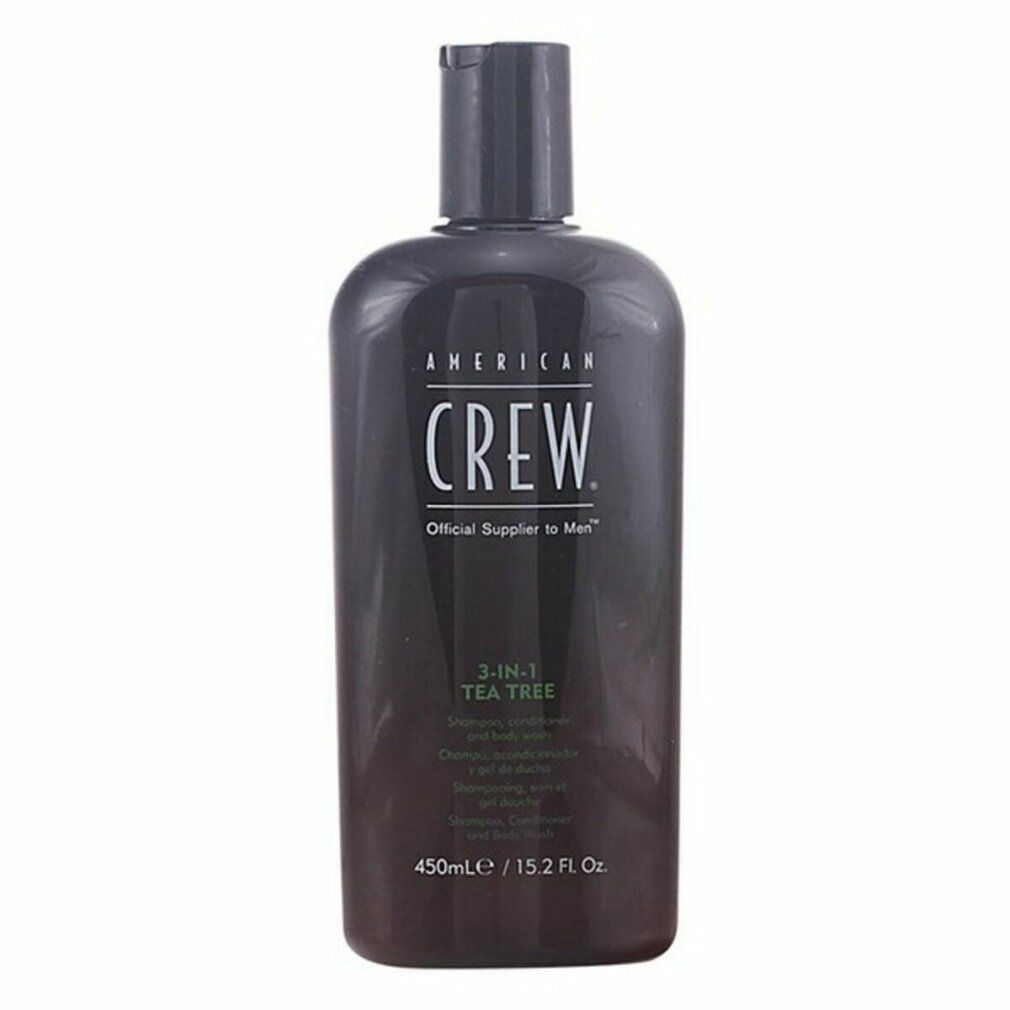 American Crew 3-in-1 Tea Tree. Braune Flasche mit schwarzem Deckel. Text: Shampoo, Conditioner und Body Wash. 450ml/15.2 Fl. Oz.