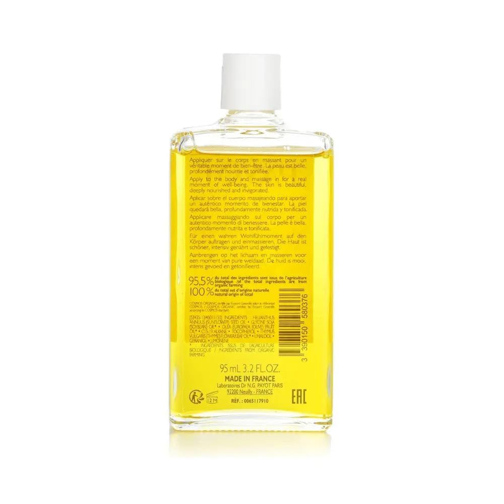 Klare Glasflasche mit gelbem Öl und weißem Verschluss. Enthält Textinformationen und Barcode.