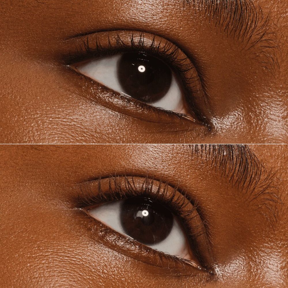 Nahaufnahme von Augen. Oben: ungetuschte Wimpern. Unten: getuschte Wimpern.
