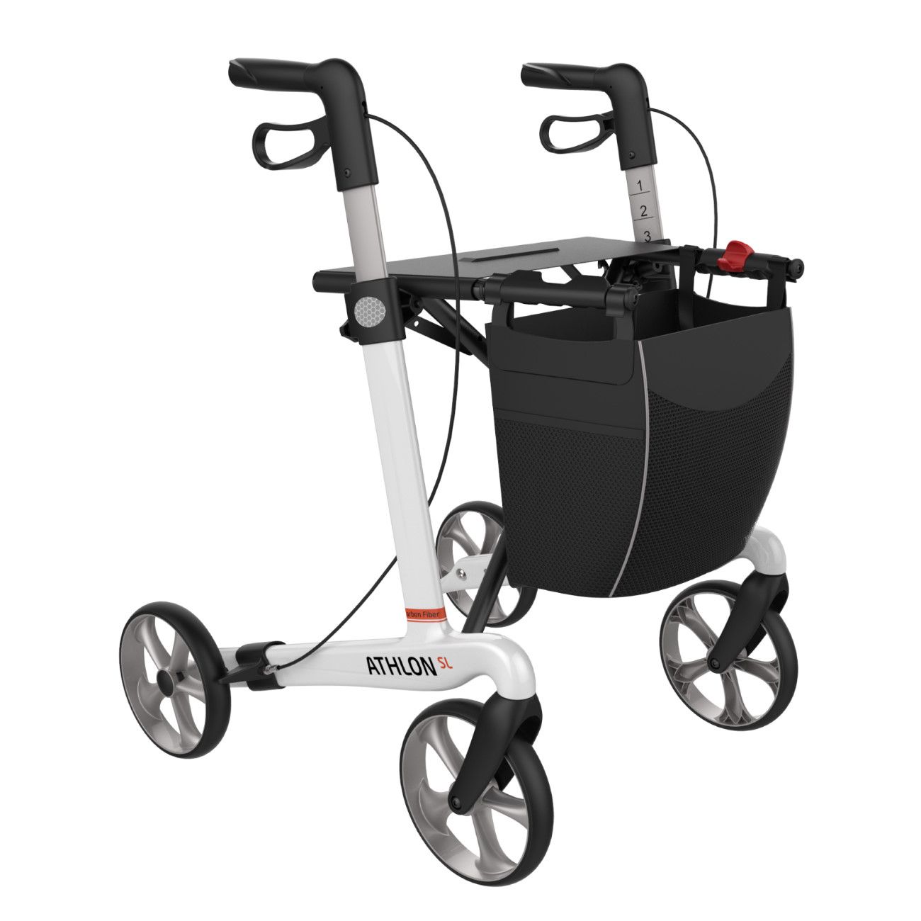 Rollator, weiß mit schwarzen Elementen. Vier Räder, Korb und Tablett. Griffe mit roten Akzenten. ATHLON XL.