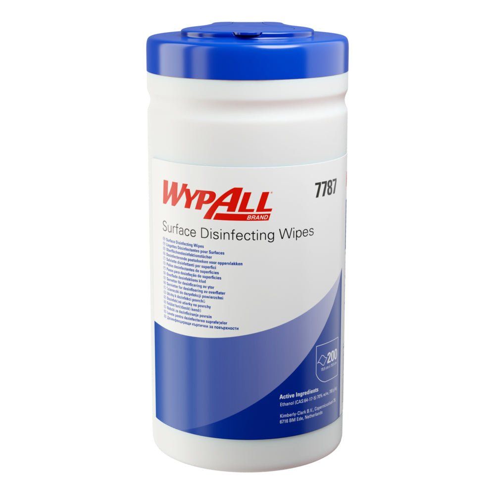 Zylinderförmige Behälter mit Deckel. Aufschrift: WypAll Surface Disinfecting Wipes. Blaue und weiße Farben.