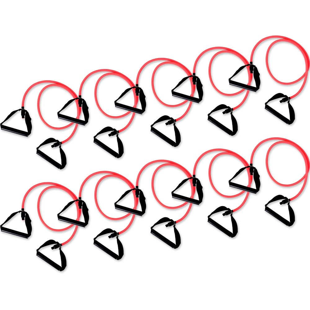 Mehrere rote Fitnessbänder mit schwarzen Griffen. Die Griffe sind dreieckig geformt.