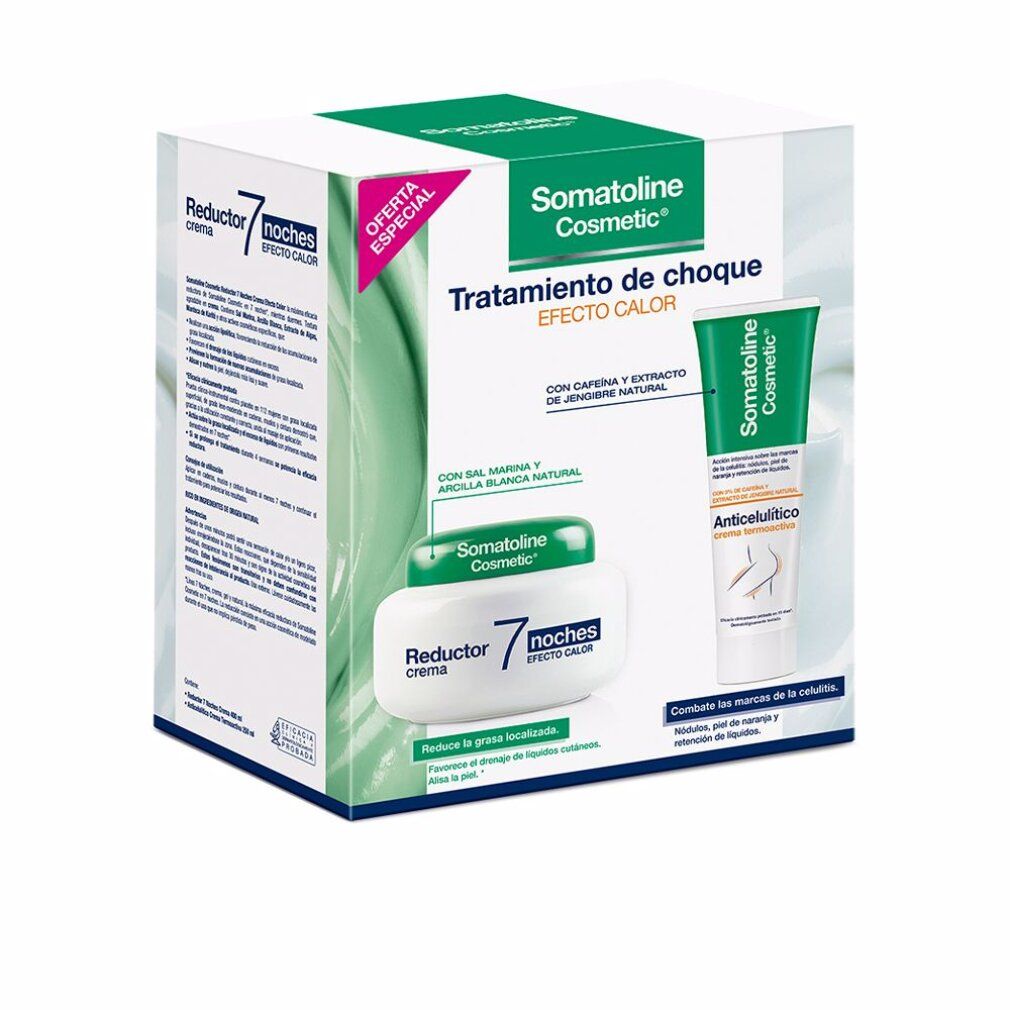 Set mit zwei Somatoline Cosmetic Produkten. Enthält Creme und Tube in weißer Verpackung mit grünen Akzenten. Text: 'Tratamiento de choque'.
