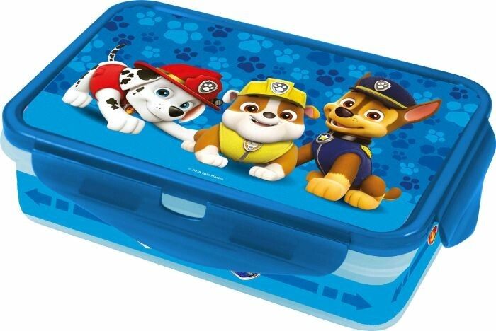 Blaue Brotdose mit Paw Patrol-Motiven. Deckel mit Pfotenabdrücken und Figuren von Marshall, Rubble und Chase.