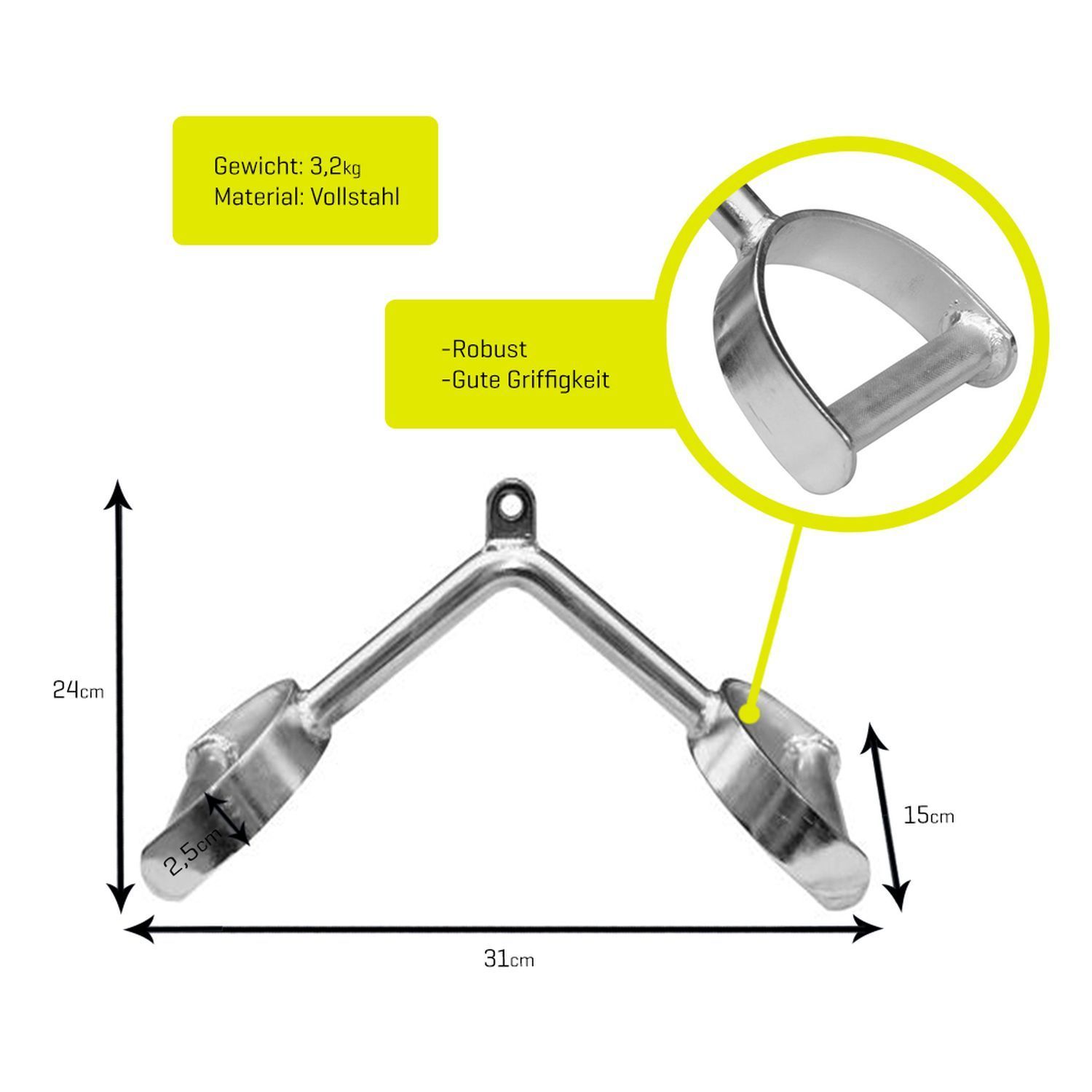 Breiter Rudergriff aus Vollstahl. Maße: 31cm breit, 24cm hoch, 15cm Griffhöhe. Gewicht: 3,2kg. Merkmale: Robust, gute Griffigkeit.