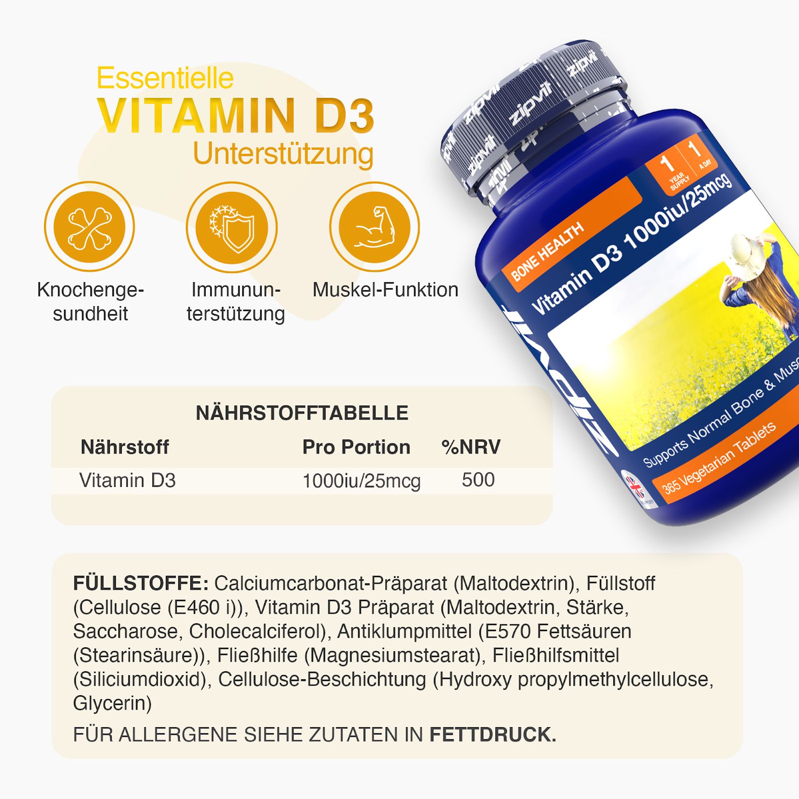 Zipvit Vitamin D3 High Strength 1000IE - für Immunsystem & Knochen