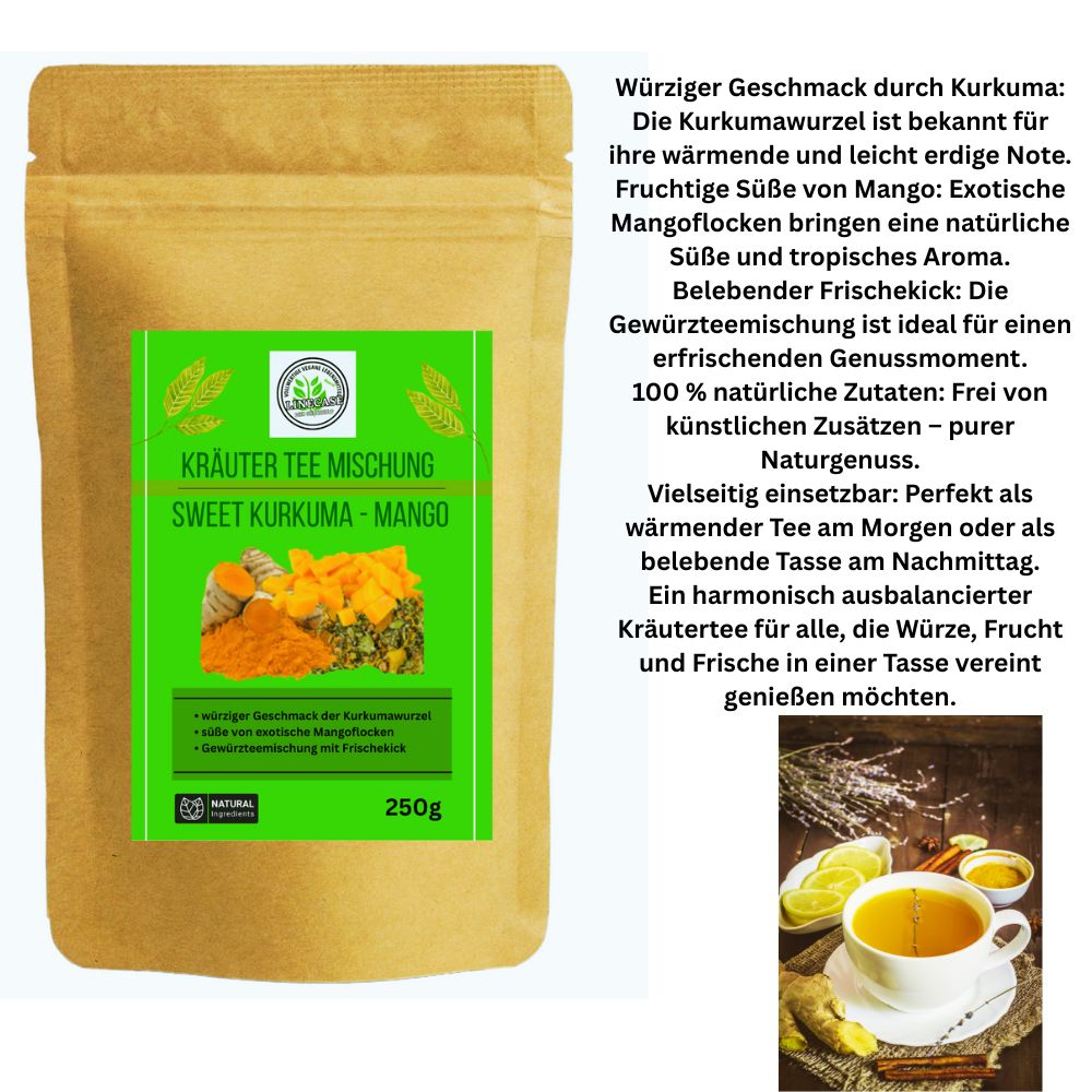 Kräutertee Mischung Sweet Kurkuma Mango in einer Verpackung. Grün-gelbes Etikett mit Produktbildern und Text. 250g Packung.