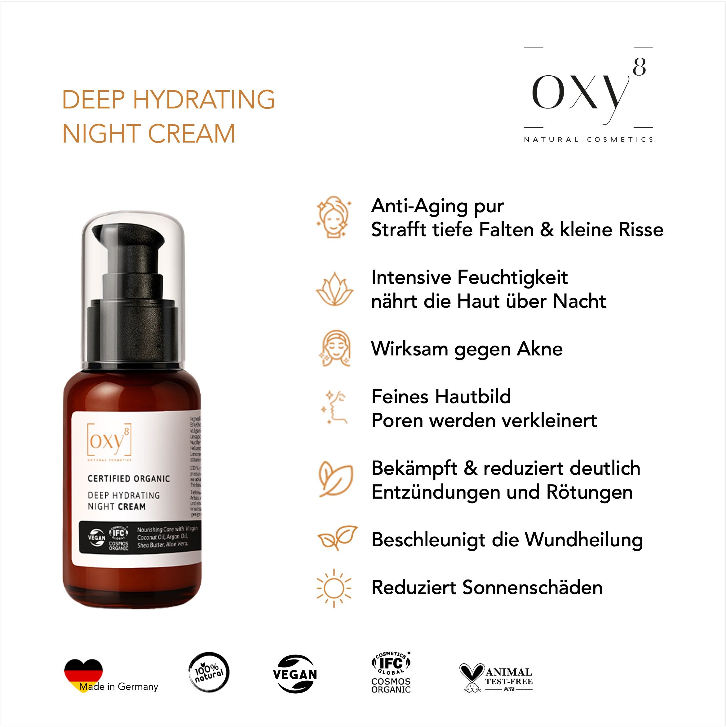 Produktflasche mit Text und Icons. OXY8 Deep Hydrating Night Cream. Anti-Aging, intensive Feuchtigkeit, gegen Akne.