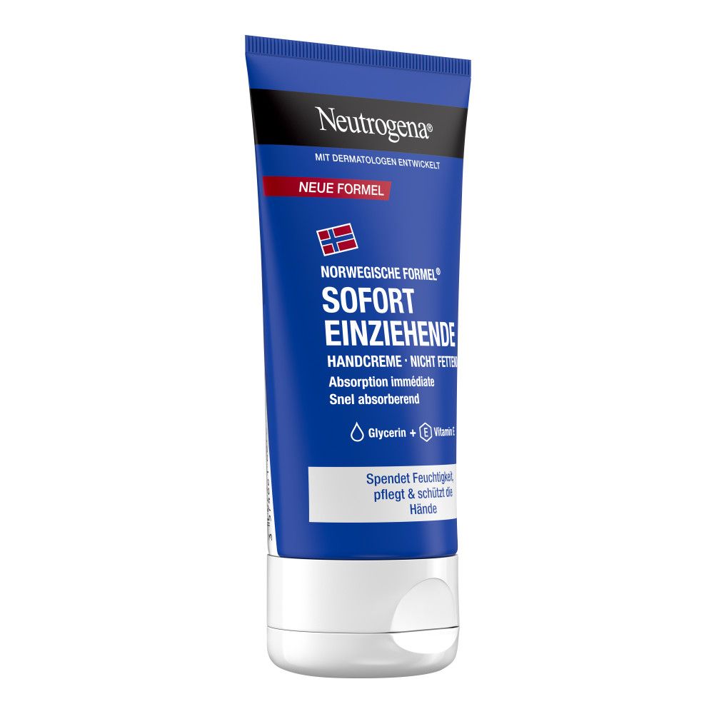 Blaue Tube Handcreme. Neutrogena-Logo, "Norwegische Formel", "Sofort einziehende Handcreme".