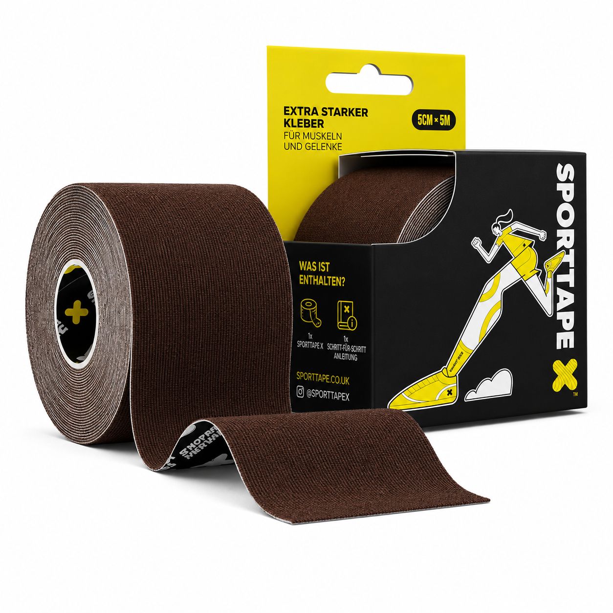 Eine Rolle dunkelbraunes Kinesiologie-Tape und die dazugehörige Verpackung.