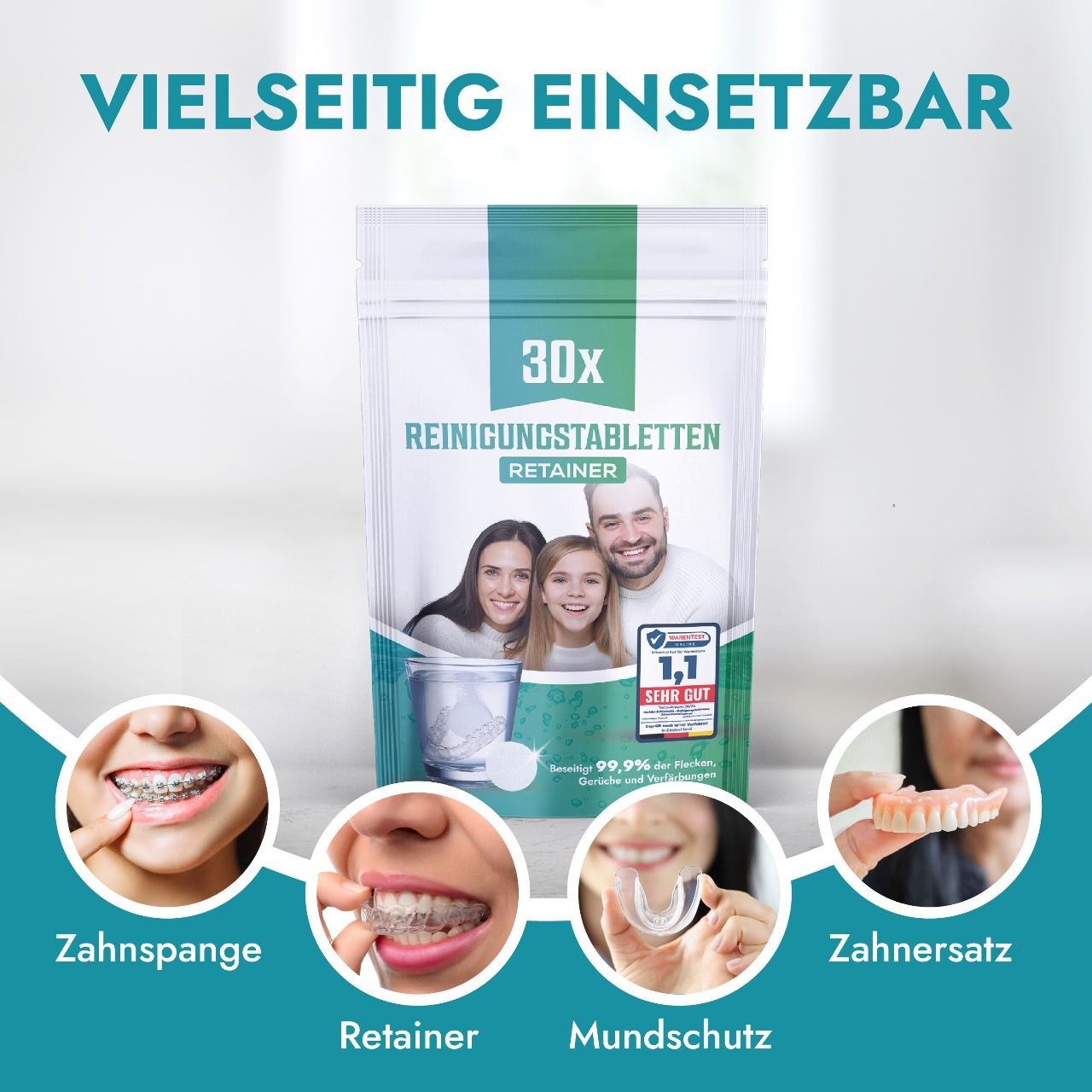 Verpackung mit 30 Reinigungstabletten. Familienfoto. Anwendungsbeispiele: Zahnspange, Retainer, Mundschutz, Zahnersatz.