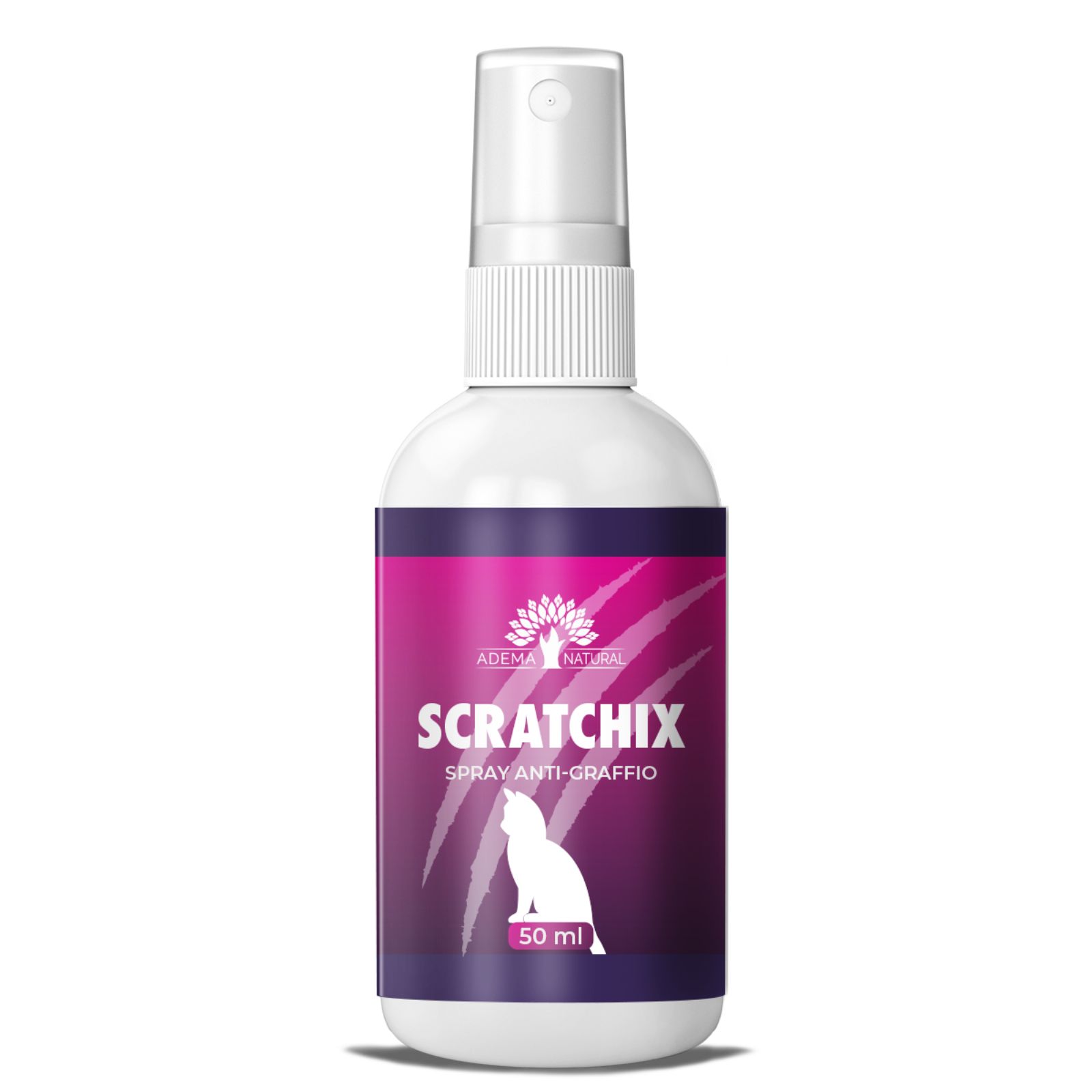 Flacone spray bianco con etichetta viola. Scritta: Scratchix, Spray Anti-Graffio. Logo: gatto. 50 ml.