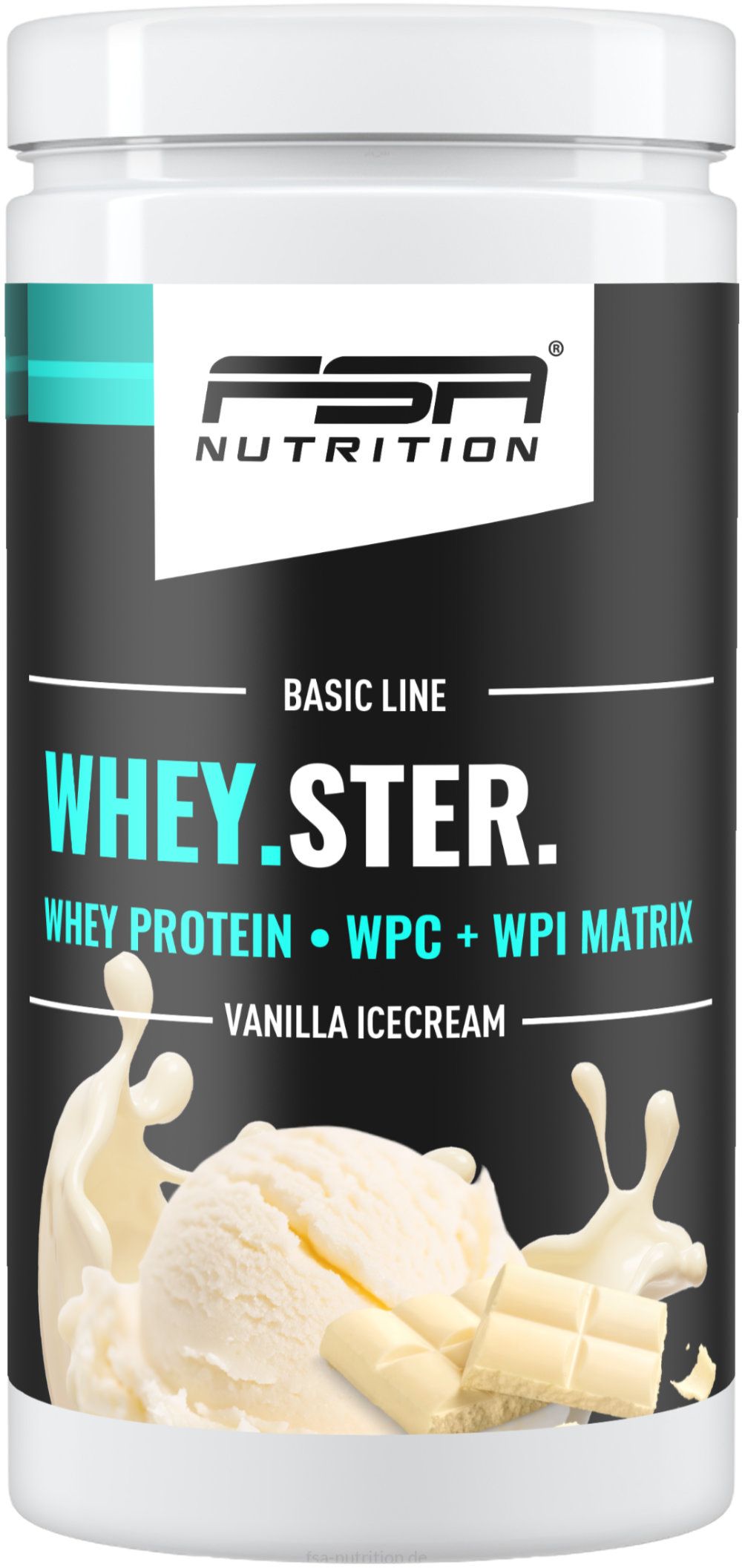 Weißer Behälter mit FSA Nutrition-Logo. Aufschrift: Whey.Ster. mit Whey Protein, WPC + WPI Matrix, Vanilleeis-Geschmack. Eiscreme-Abbildung.